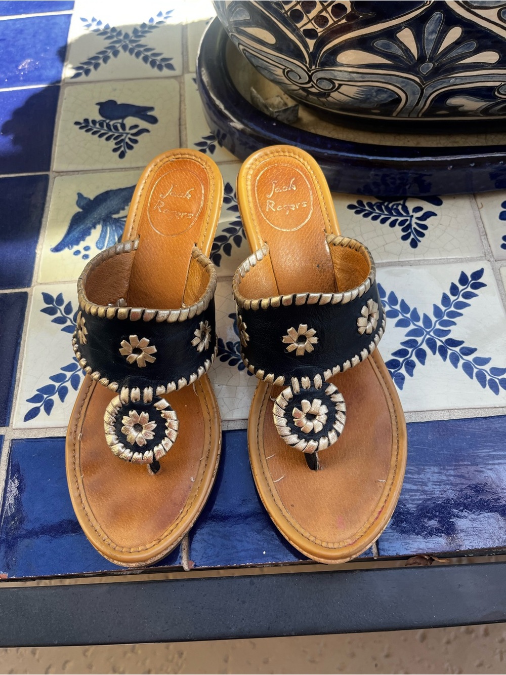 Jack Rogers Navy Leather Thong Sandals with Gold Trim